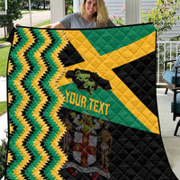 Custom Jamaica football quilt with green, yellow zigzag chevrons, black squares, star and your text