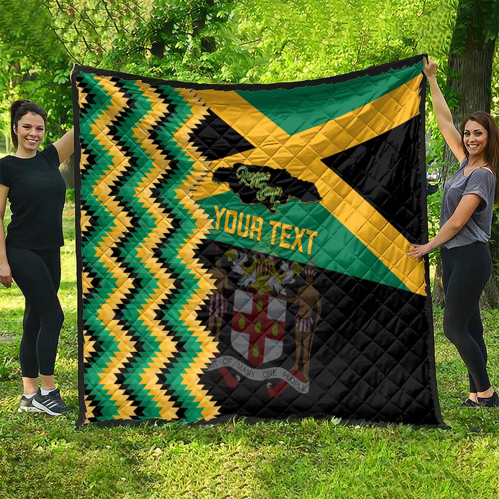 Custom Jamaica football quilt laid flat outdoors with green/yellow chevrons, black blocks, star, your text