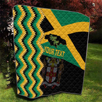 Custom Jamaica football quilt with green and yellow zigzag pattern, black background, star emblem, your text