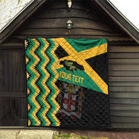 Custom Jamaica football quilt hanging indoors with green/yellow chevrons, black quilted texture, your text