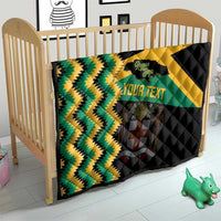Custom Jamaica football quilt on crib with green/yellow zigzag chevrons, black quilting, star and your text