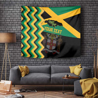 Custom Jamaica football tapestry with zigzag pattern, flag colors, and silhouette crest