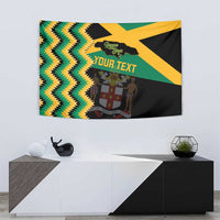 Square Jamaica-themed football tapestry featuring flag colors, zigzag border, and emblem
