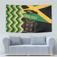 Jamaica football tapestry with green-yellow flag fields, zigzag striping, and central crest