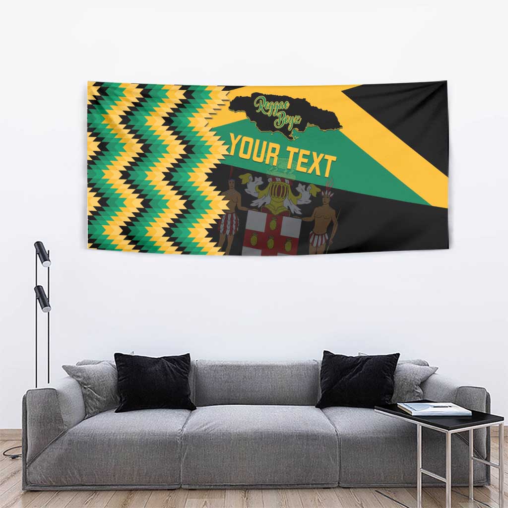 Jamaica football tapestry with zigzag chevrons, black field, and yellow-green flag accents