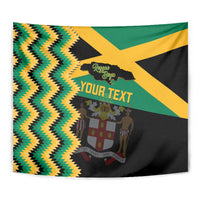 Close-up view of Jamaica football tapestry: zigzag pattern, crest, and green-yellow flag