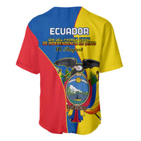 Back of Ecuador baseball jersey with blue/yellow/red panels and 'Ecuador' independence text.