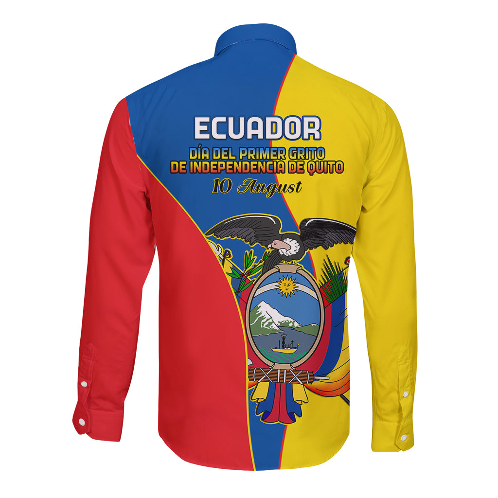 Long-sleeve button shirt with Ecuador back text and crest on yellow, red, blue panels