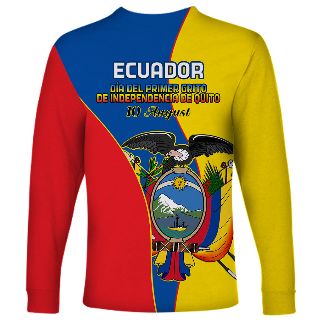 Unisex tri-color long sleeve shirt, Ecuador independence text and crest on back, yellow red blue