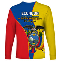 Unisex tri-color long sleeve shirt, Ecuador independence text and crest on back, yellow red blue