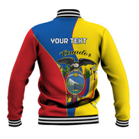 Unisex baseball jacket with Ecuador crest and editable text on back, ribbed striped collar