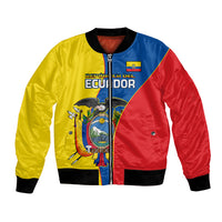 Unisex color-block bomber jacket in yellow, blue, and red with zip front and crest