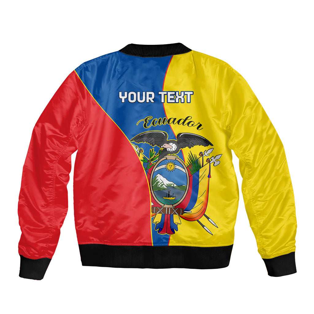 Unisex bomber jacket with back print, yellow body, blue/red panels, ribbed cuffs