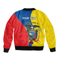Unisex bomber jacket with back print, yellow body, blue/red panels, ribbed cuffs