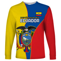 Unisex long sleeve shirt in yellow, blue, and red with Ecuador crest and banner text