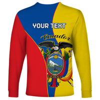 Unisex long sleeve shirt with red, blue, and yellow panels, 'YOUR TEXT' and Ecuador print