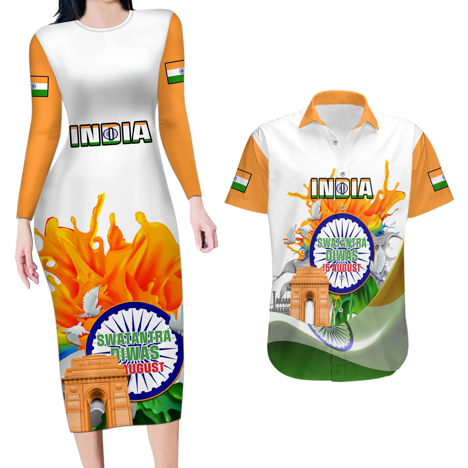 India Couples Matching Long Sleeve Bodycon Dress and Hawaiian Shirt Swatantra Diwas Happy Indian Independence Day - Wonder Print Shop