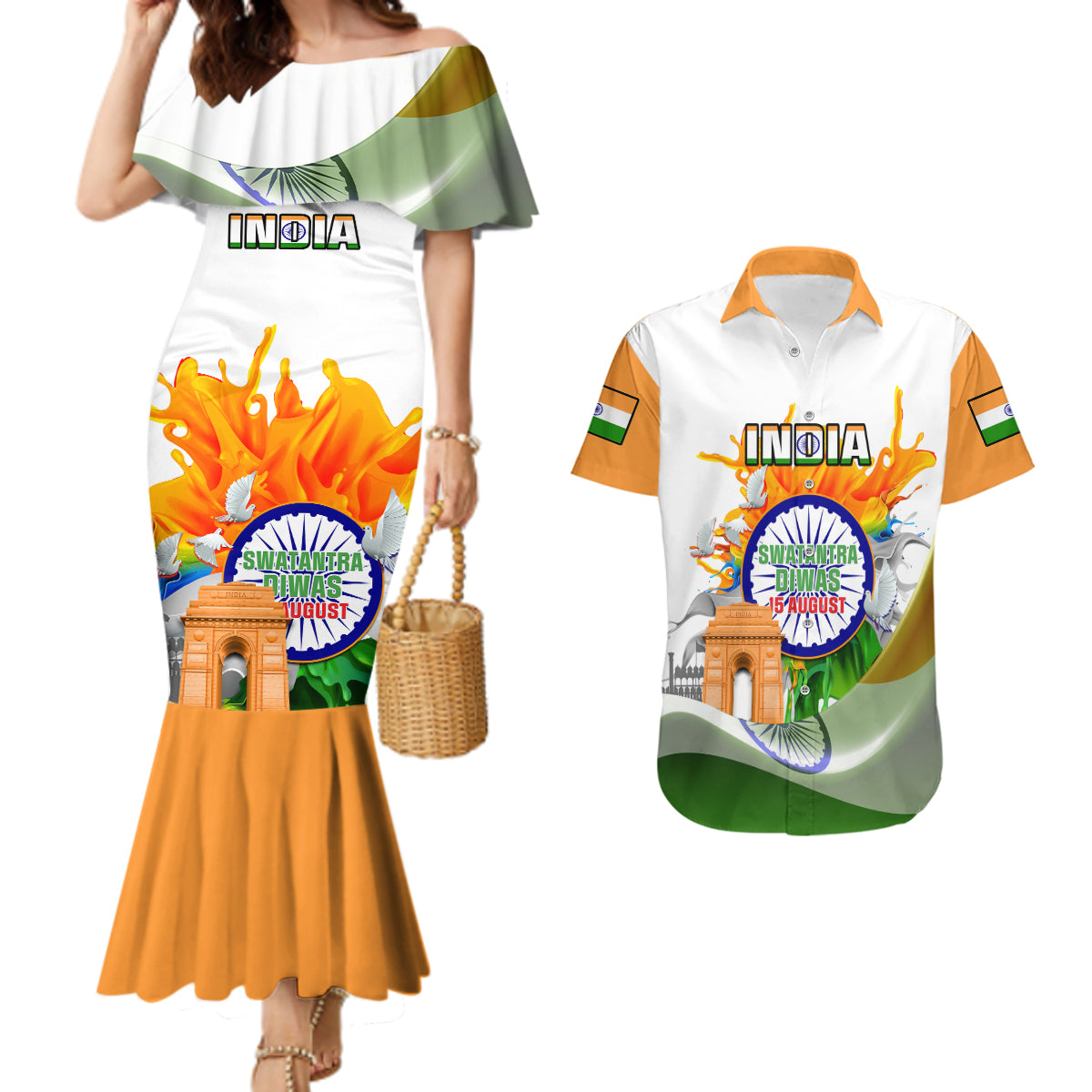 India Couples Matching Mermaid Dress And Hawaiian Shirt Swatantra Diwas Happy Indian Independence Day - Wonder Print Shop