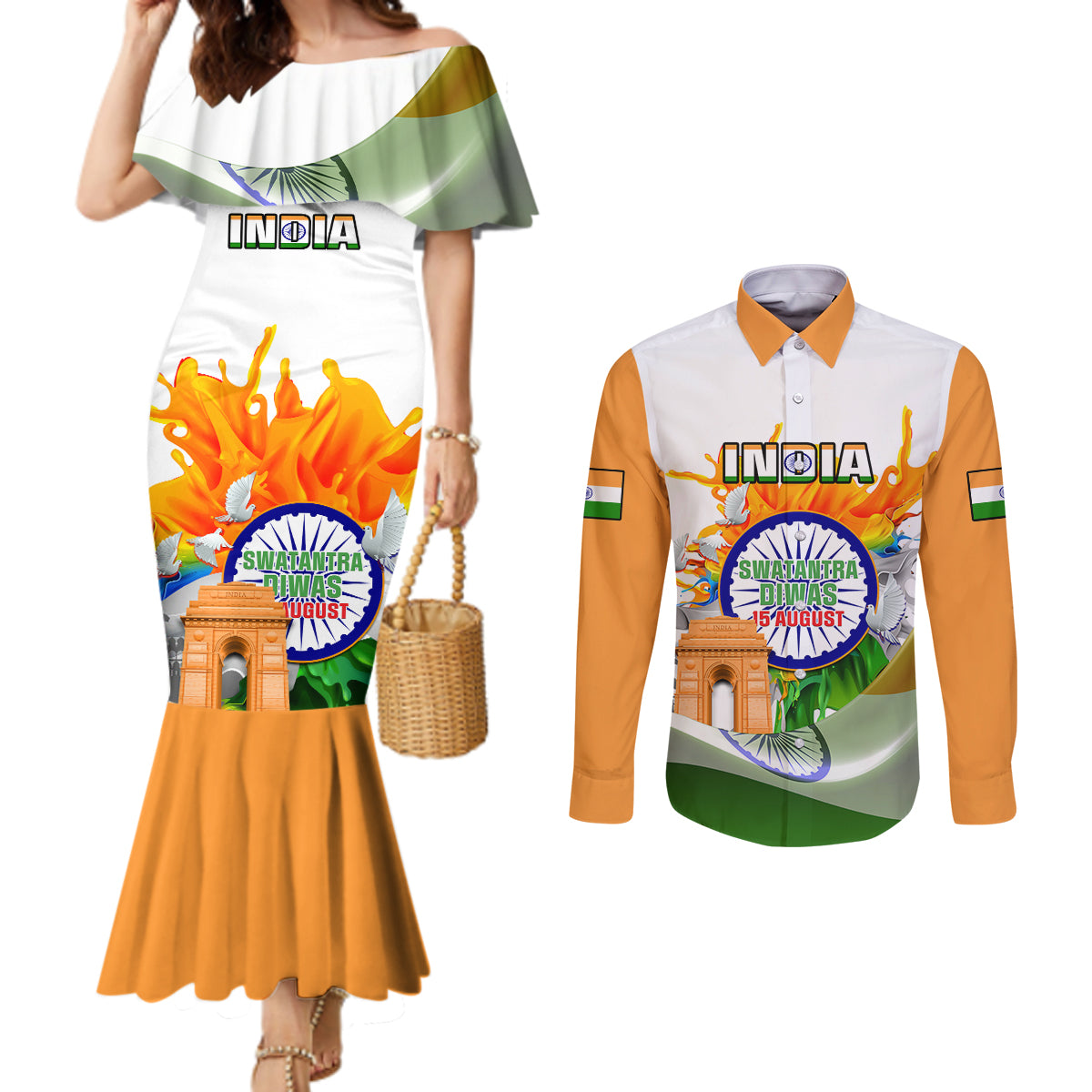 india-couples-matching-mermaid-dress-and-long-sleeve-button-shirts-swatantra-diwas-happy-indian-independence-day