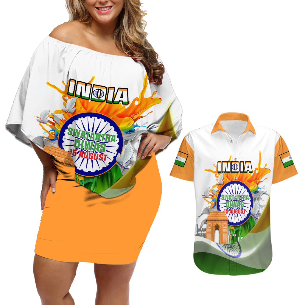 India Couples Matching Off Shoulder Short Dress and Hawaiian Shirt Swatantra Diwas Happy Indian Independence Day - Wonder Print Shop