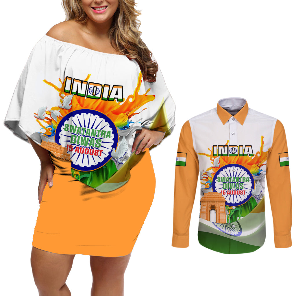 India Couples Matching Off Shoulder Short Dress and Long Sleeve Button Shirts Swatantra Diwas Happy Indian Independence Day - Wonder Print Shop