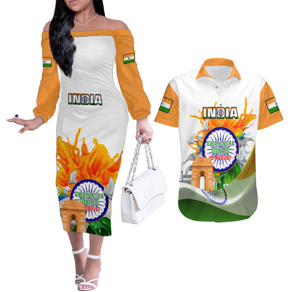 India Couples Matching Off The Shoulder Long Sleeve Dress and Hawaiian Shirt Swatantra Diwas Happy Indian Independence Day - Wonder Print Shop