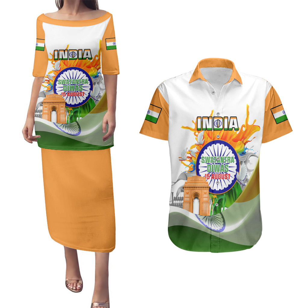 India Couples Matching Puletasi Dress and Hawaiian Shirt Swatantra Diwas Happy Indian Independence Day - Wonder Print Shop