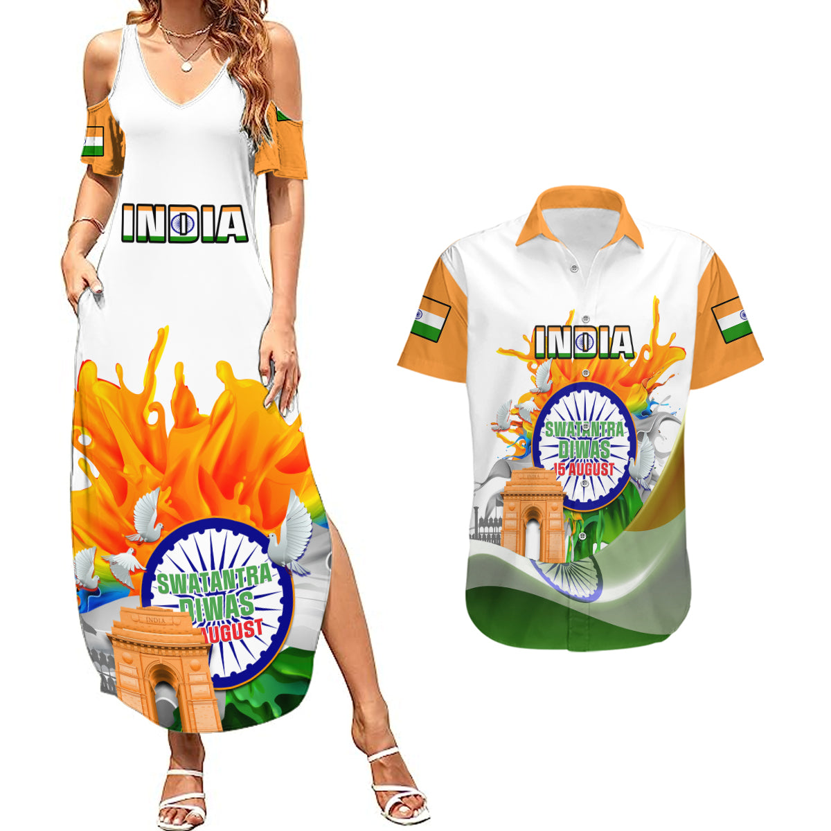 India Couples Matching Summer Maxi Dress and Hawaiian Shirt Swatantra Diwas Happy Indian Independence Day - Wonder Print Shop