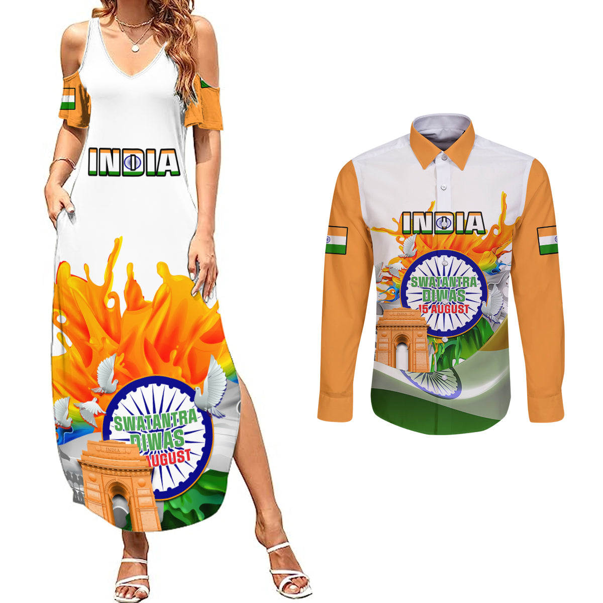 India Couples Matching Summer Maxi Dress and Long Sleeve Button Shirts Swatantra Diwas Happy Indian Independence Day - Wonder Print Shop