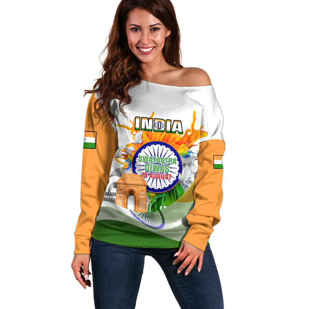 India Off Shoulder Sweater Swatantra Diwas Happy Indian Independence Day - Wonder Print Shop