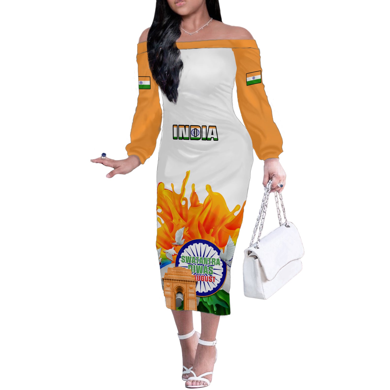 India Off The Shoulder Long Sleeve Dress Swatantra Diwas Happy Indian Independence Day - Wonder Print Shop