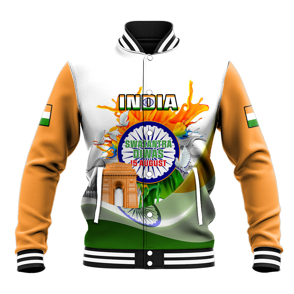 White baseball jacket with orange sleeves, ribbed trim, and Independence Day graphic on front.
