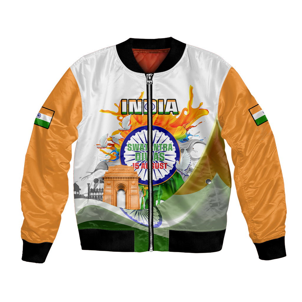 Unisex white and orange bomber jacket, full-zip front, ribbed cuffs, India graphic print