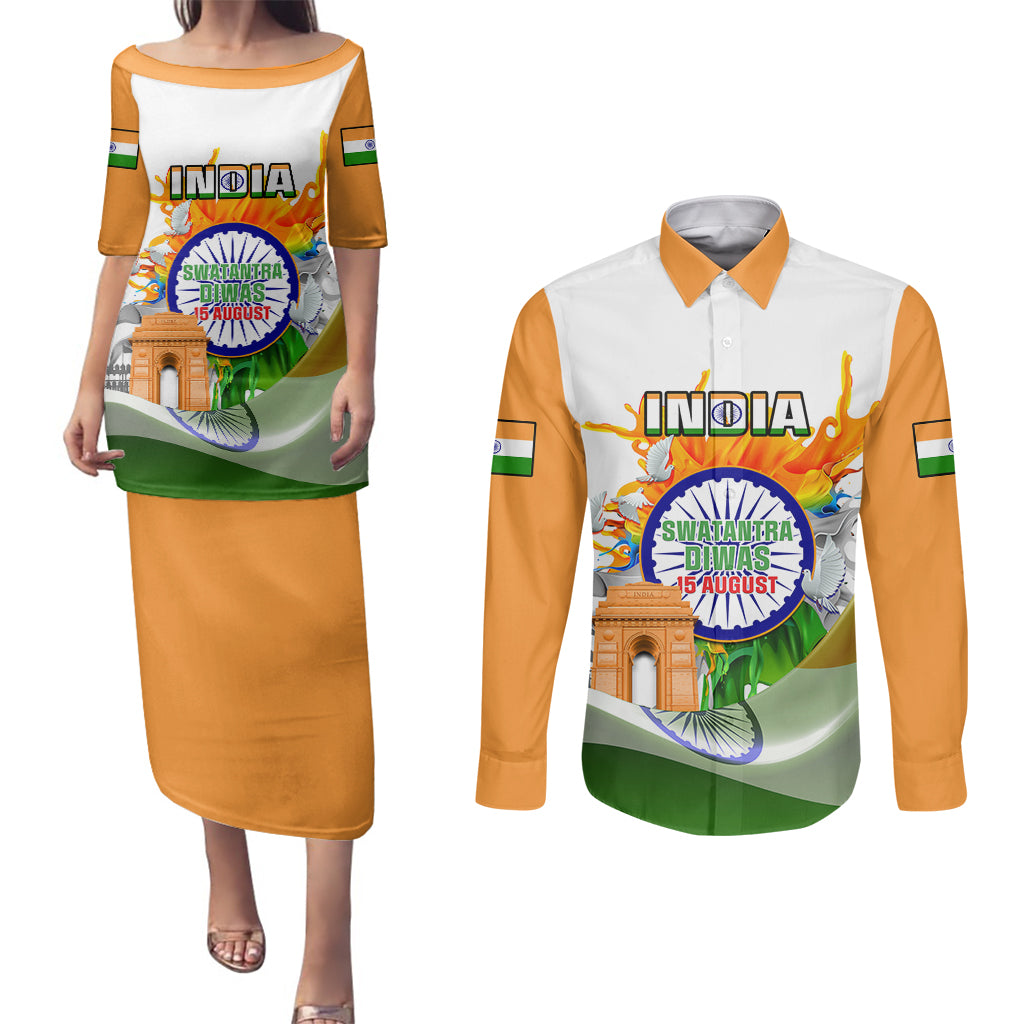 Custom India Couples Matching Puletasi Dress and Long Sleeve Button Shirts Swatantra Diwas Happy Indian Independence Day - Wonder Print Shop