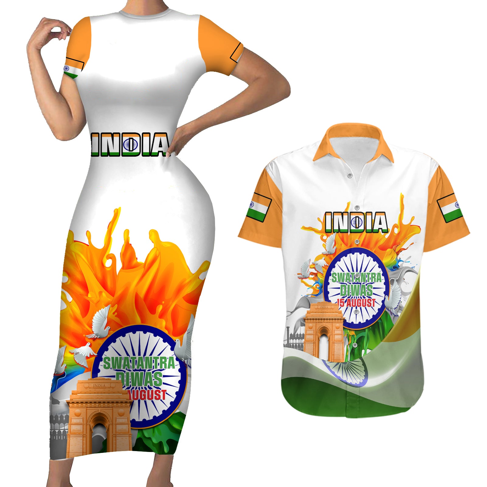 Custom India Couples Matching Short Sleeve Bodycon Dress and Hawaiian Shirt Swatantra Diwas Happy Indian Independence Day - Wonder Print Shop