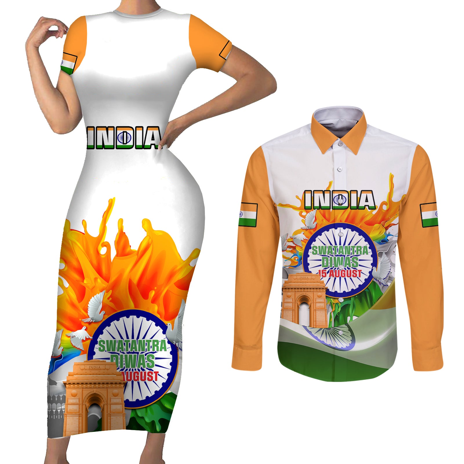 Custom India Couples Matching Short Sleeve Bodycon Dress and Long Sleeve Button Shirts Swatantra Diwas Happy Indian Independence Day - Wonder Print Shop