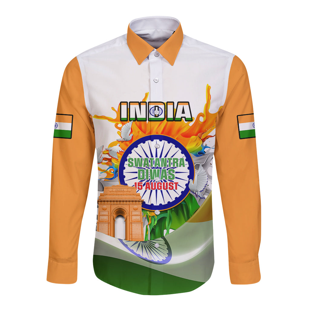 White long-sleeve button shirt with orange sleeves, front patriotic graphic print, spread collar