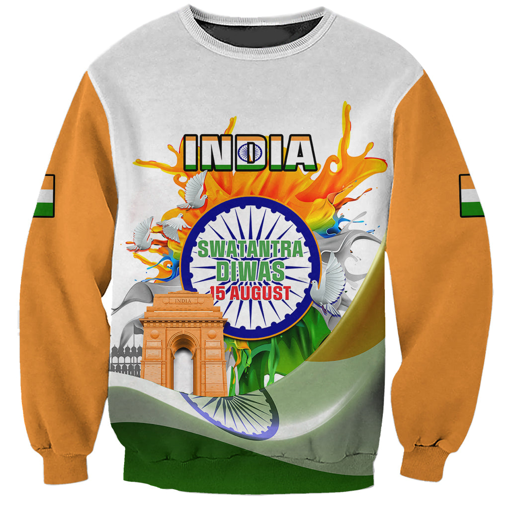 Unisex sweatshirt in light gray with orange sleeves; circular India Independence Day graphic