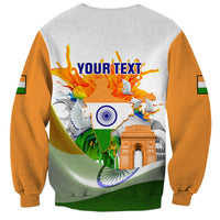 Unisex sweatshirt in light gray with orange sleeves; 'YOUR TEXT' India map and monuments print