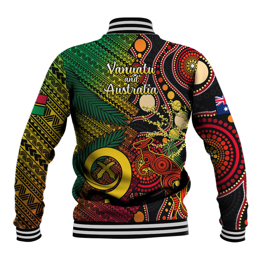Unisex baseball jacket, black with vibrant green red Polynesian and Aboriginal artwork back