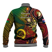 Unisex baseball jacket, black with vibrant green red Polynesian and Aboriginal artwork back