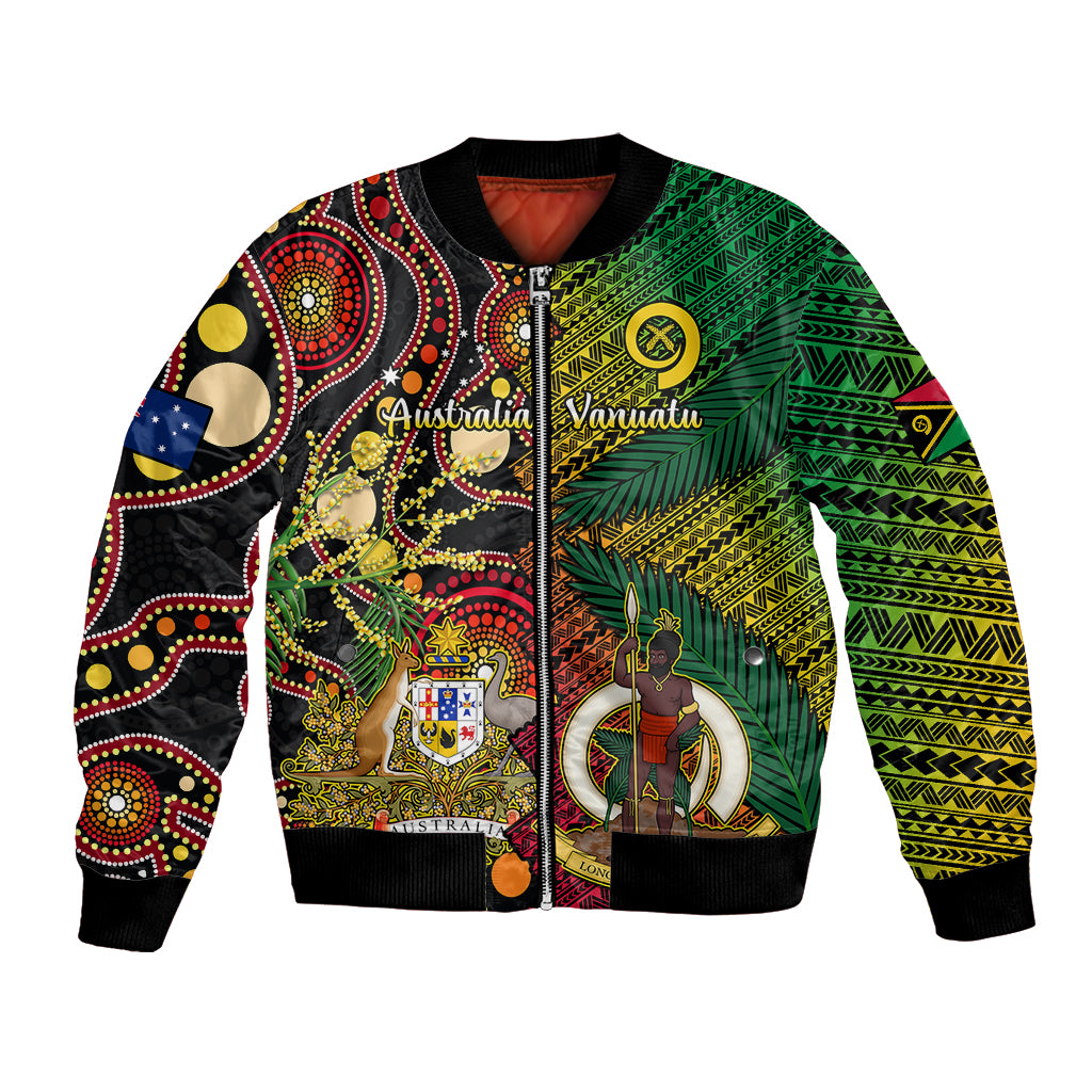 Black unisex bomber jacket with colorful Vanuatu and Australia tribal graphic front