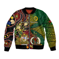 Black unisex bomber jacket with colorful Vanuatu and Australia tribal graphic front