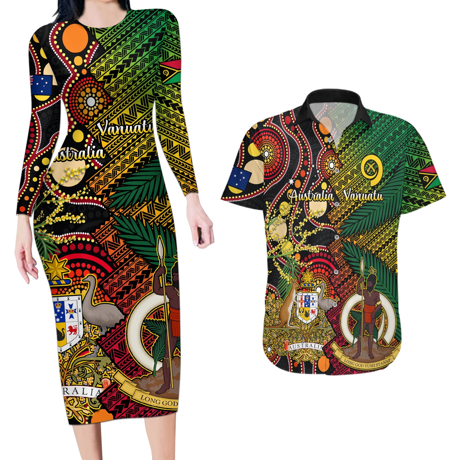 Vanuatu and Australia Couples Matching Long Sleeve Bodycon Dress and Hawaiian Shirt Vanuatuan Polynesian Mix Aussie Aboriginal Art - Wonder Print Shop