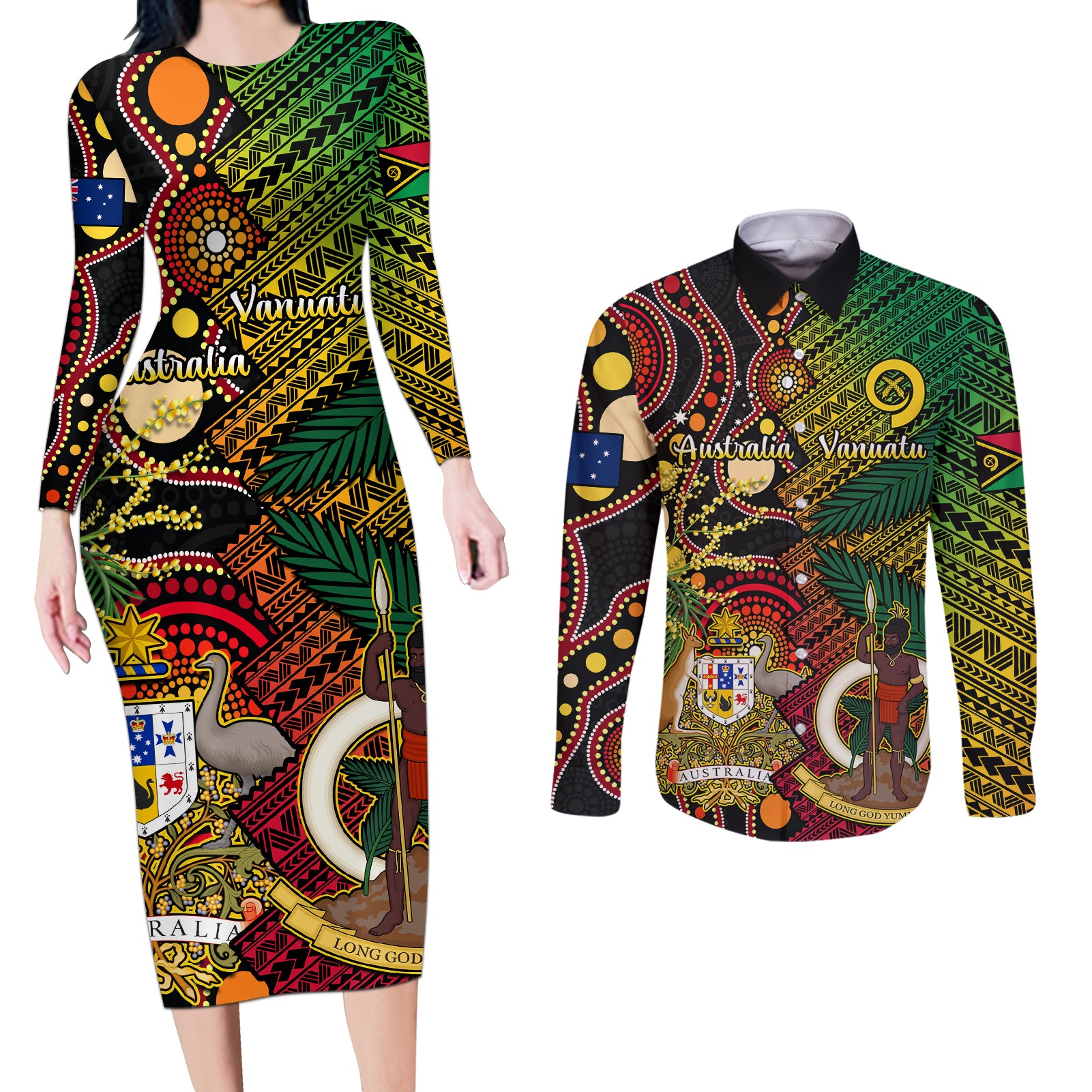 Vanuatu and Australia Couples Matching Long Sleeve Bodycon Dress and Long Sleeve Button Shirts Vanuatuan Polynesian Mix Aussie Aboriginal Art - Wonder Print Shop