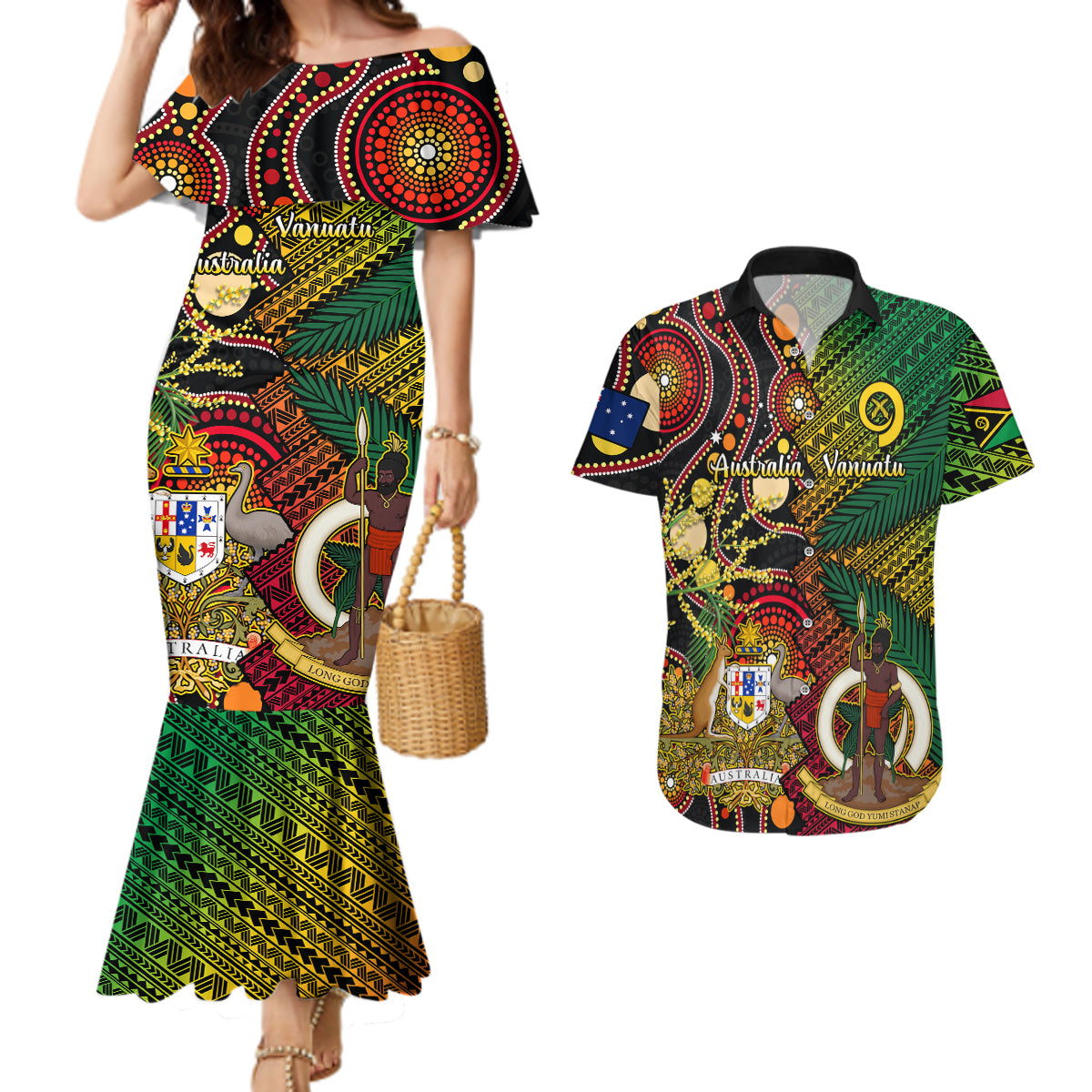 Vanuatu and Australia Couples Matching Mermaid Dress And Hawaiian Shirt Vanuatuan Polynesian Mix Aussie Aboriginal Art - Wonder Print Shop