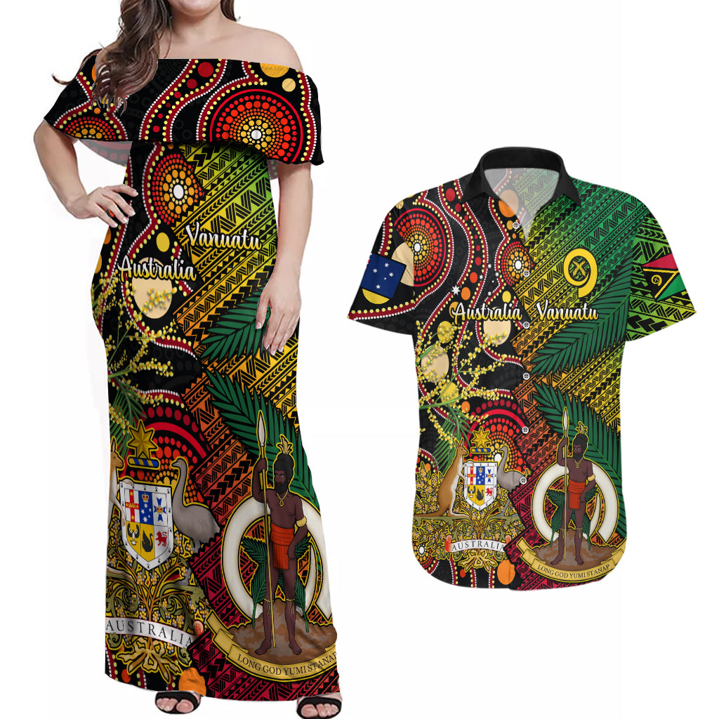 Vanuatu and Australia Couples Matching Off Shoulder Maxi Dress and Hawaiian Shirt Vanuatuan Polynesian Mix Aussie Aboriginal Art - Wonder Print Shop