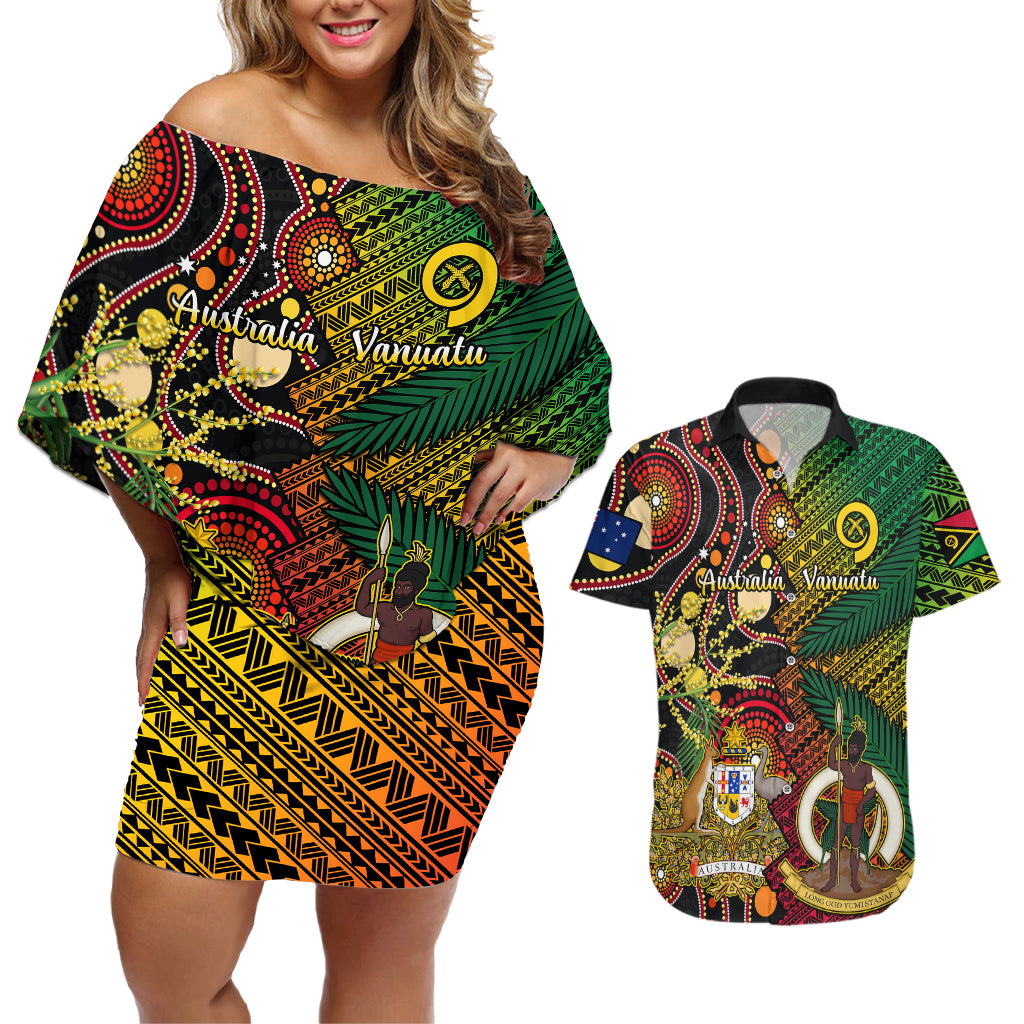 Vanuatu and Australia Couples Matching Off Shoulder Short Dress and Hawaiian Shirt Vanuatuan Polynesian Mix Aussie Aboriginal Art - Wonder Print Shop