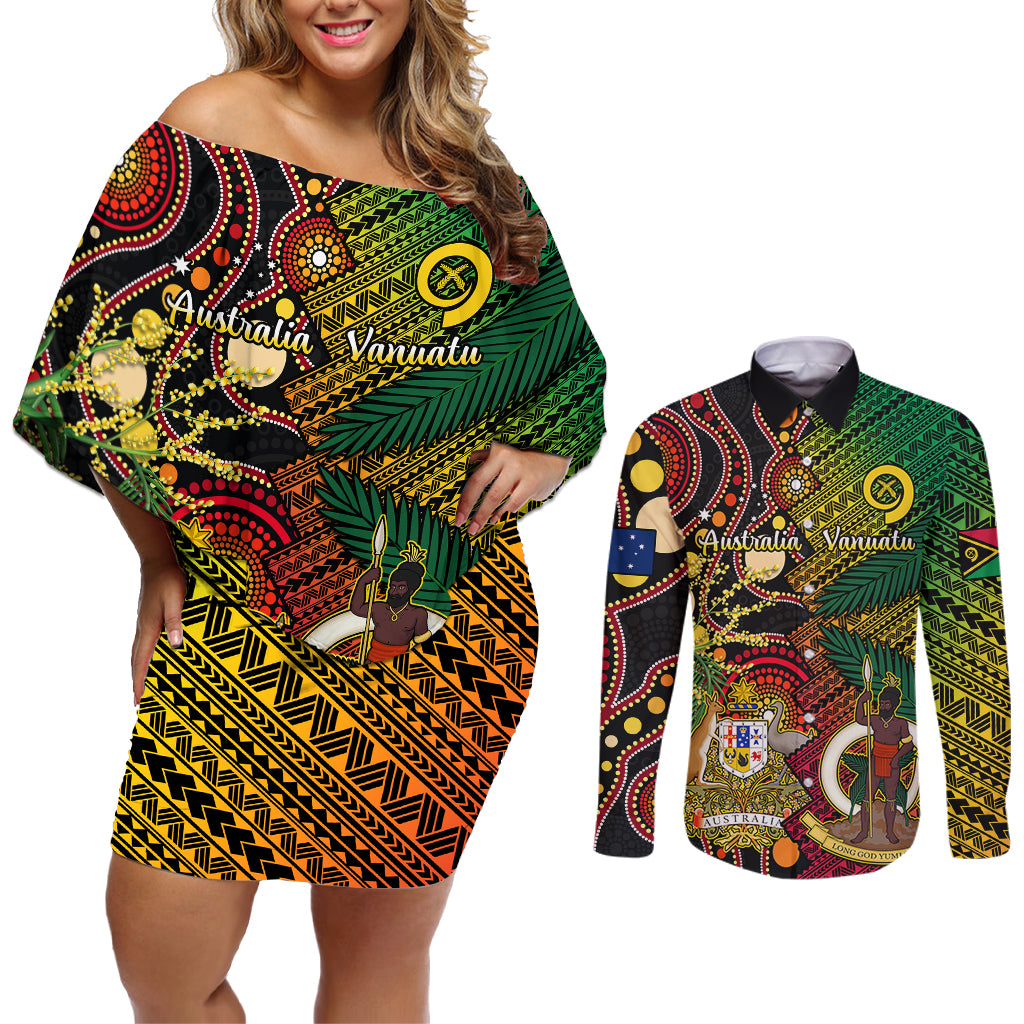 Vanuatu and Australia Couples Matching Off Shoulder Short Dress and Long Sleeve Button Shirts Vanuatuan Polynesian Mix Aussie Aboriginal Art - Wonder Print Shop