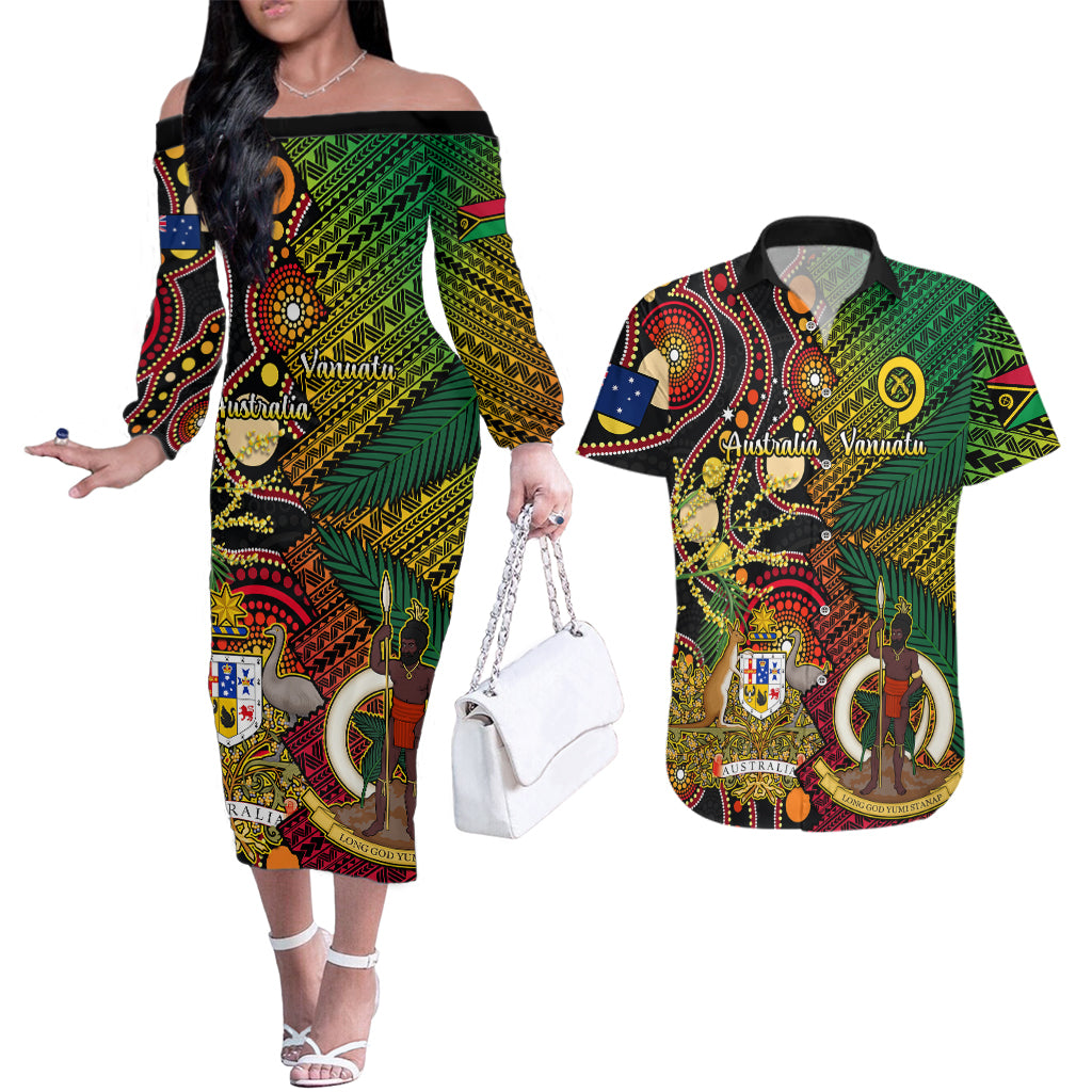 Vanuatu and Australia Couples Matching Off The Shoulder Long Sleeve Dress and Hawaiian Shirt Vanuatuan Polynesian Mix Aussie Aboriginal Art - Wonder Print Shop